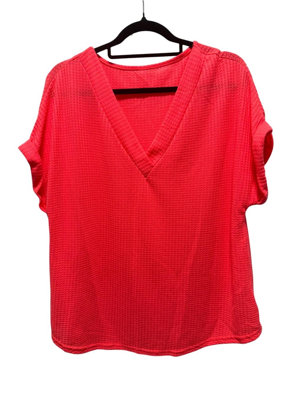 Women’s V-Neck Textured Short Sleeve Top - Coral Pink